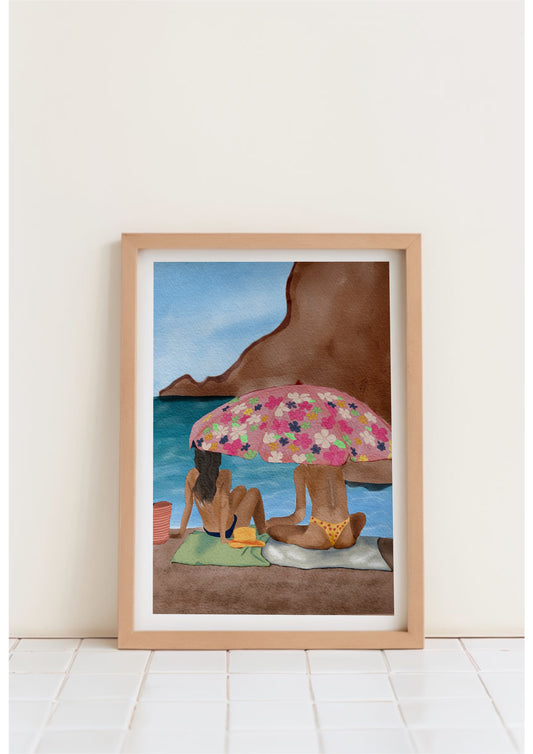 «Under parasollen» Fine Art Print – av  Originalt Akvarell Maleri i Livlige Farger
